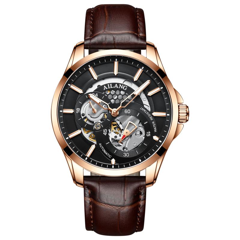 AILANG Men Automatic Mechanical Wristwatch Hollow Skeleton Dial Stainless Steel Band Business Sport Male Watch