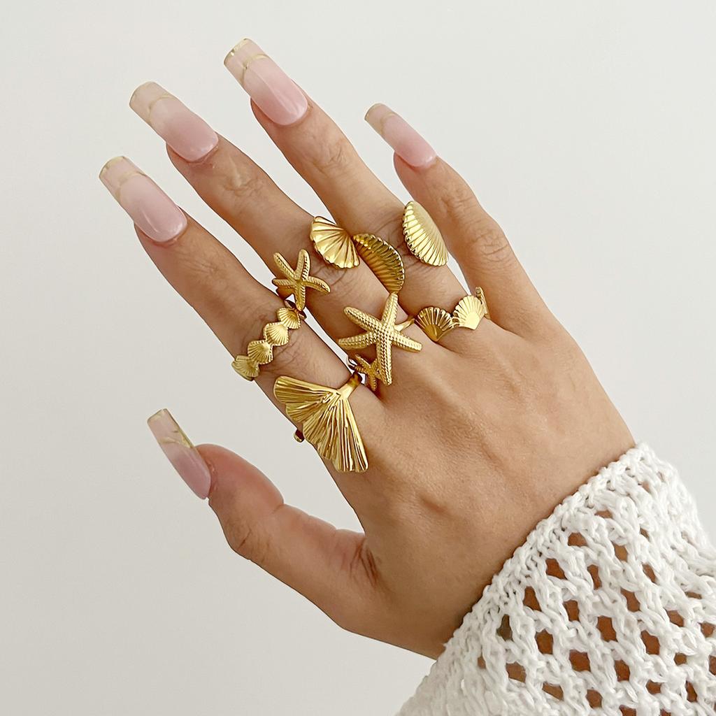 Набор из 6 регулируемых колец в виде морских звезд и ракушек. Ювелирные украшения для отдыха на море. Модные кольца для ношения в несколько рядов.