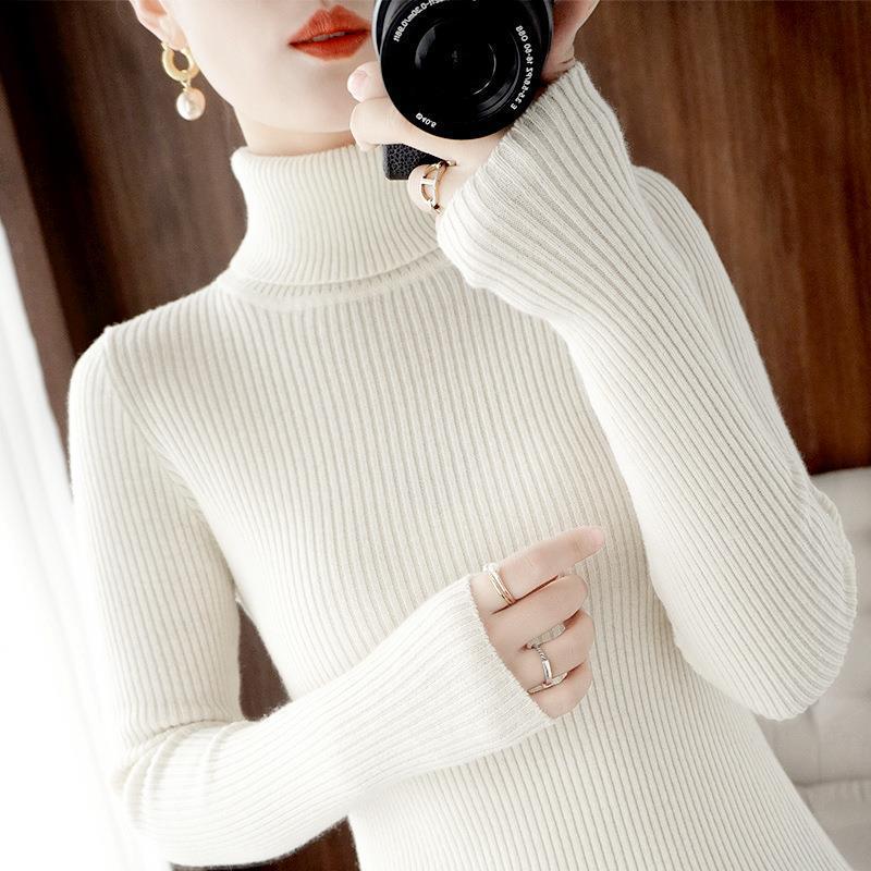 Женский осенне-зимний свитер базового слоя облегающего кроя с высоким воротом, в рубчик, для офисной носки