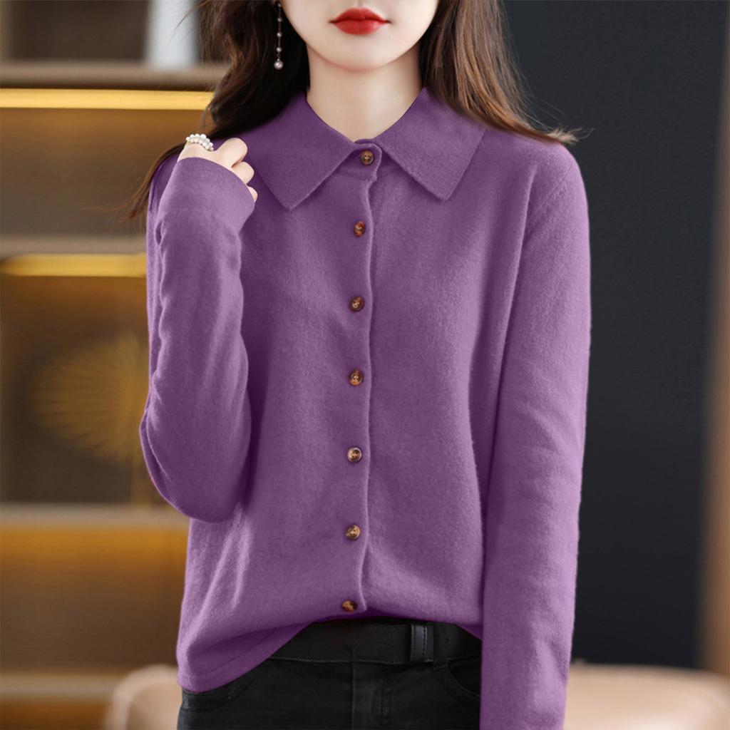 Женский модный повседневный кардиган однотонного цвета свободного кроя с длинными рукавами и отложным воротником