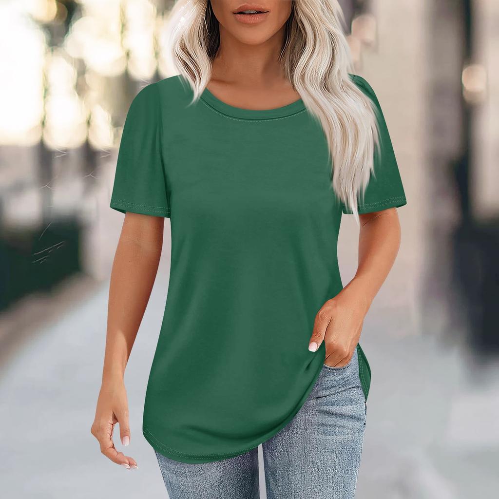 Women's Fashion Casual Solid Color Round Neck Short Sleeve T-shirt Tops