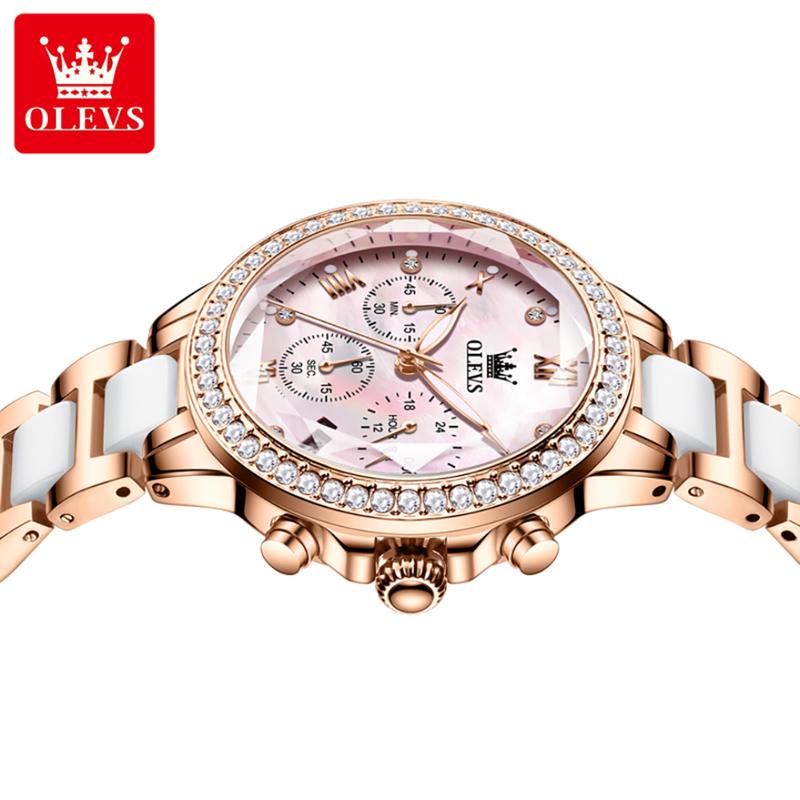 Ladies' Three Eye Timing Quartz Watch Diamond Inlaid Bezel Ceramic Strap Waterproof Luminous Women's Light Luxury Watch