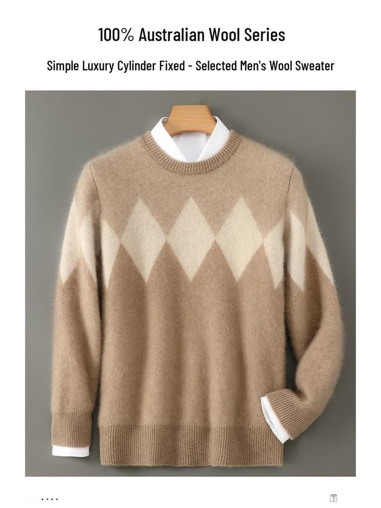 Men's Color Block Wool Sweater: Round Neck, Thick, Simple Design, 100% Pure Cashmere, Perfect for Autumn/Winter.