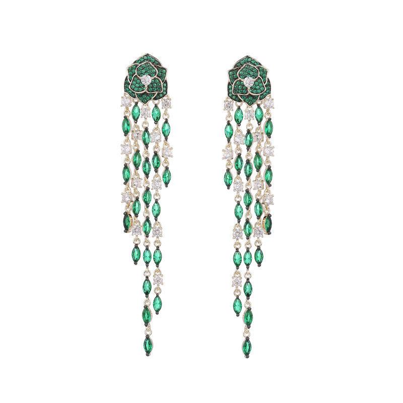 Серьги 2024, трендовые серьги, тяжелые промышленные цветные серьги с цветком циркония, длинные кисточки, темпераментные серьги с камелией для ужина, женские серьги