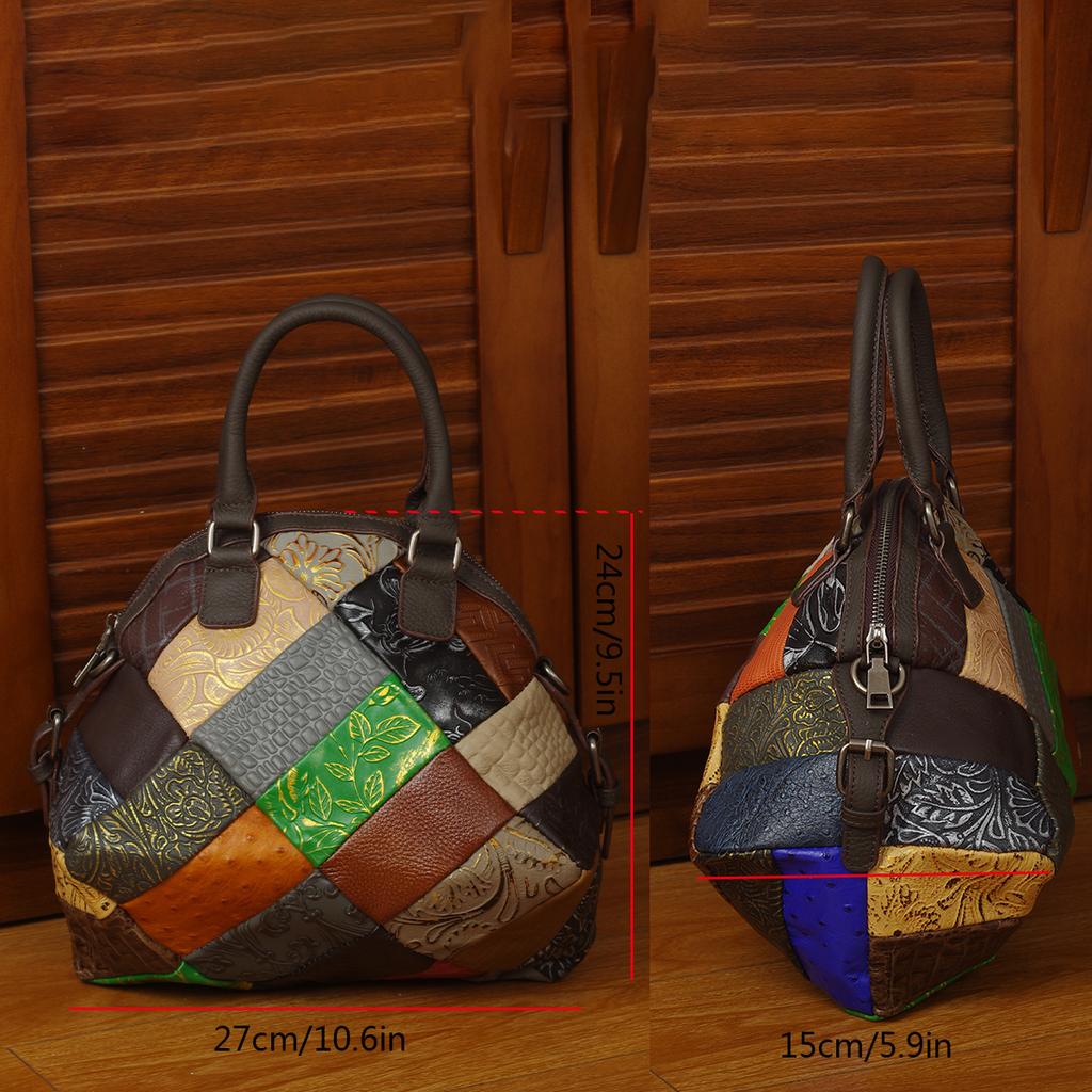 Genuine Leather Crossbody Bag for Women Portable Shoulder Bag Color Contrast Geometric Pattern Retro Style Soft Random Color Contrast