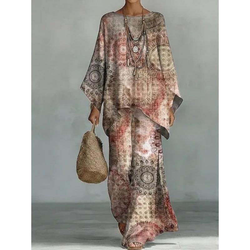 New crew neck bat sleeve printing set Bohemian lazy casual two-piece set