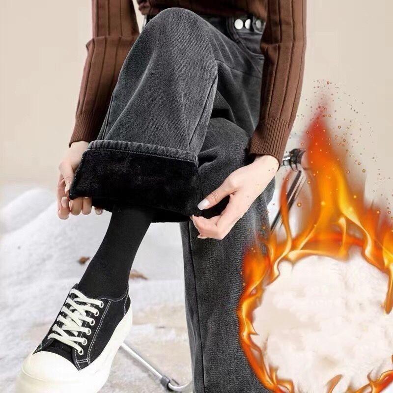 Женские зимние утепленные широкие джинсы со вставками, прямые, со средней посадкой, теплые брюки для студентов