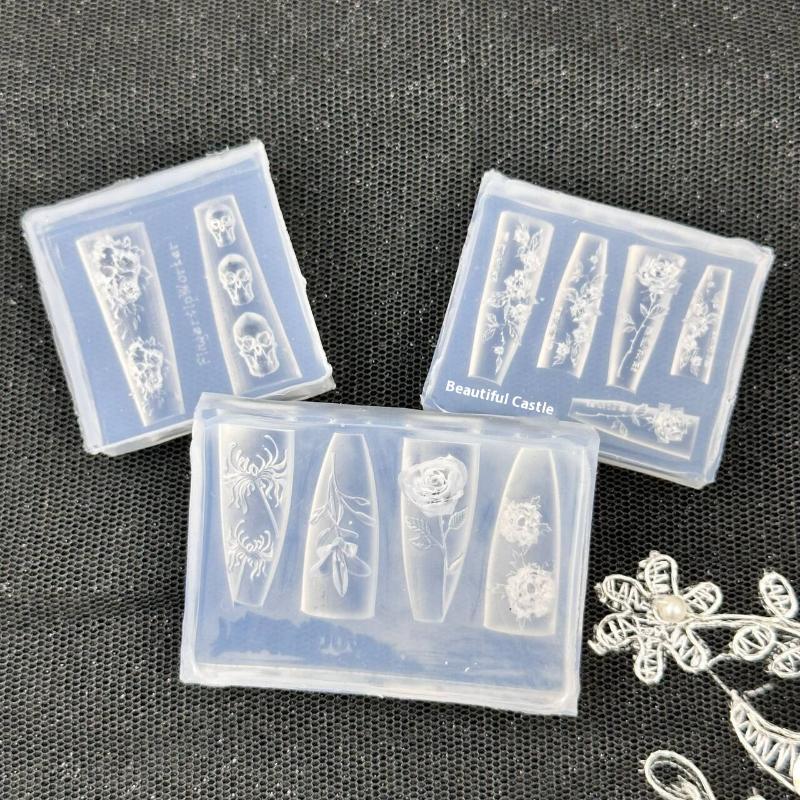 "3D Rose Skull Nail Art Silicone Mold, Floral Pattern DIY Manicure Tool, Transparent Template for Nail Art Decoration