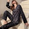 Womens Satin Pajamas Set Button Down Long Sleeve Top And Long Pants Sleepwear Set Oversized Casual Plaid 2 Piece Lounge Set