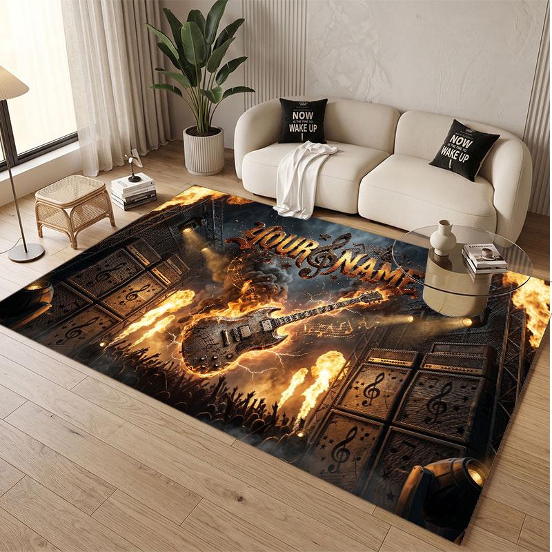 Music Guitar Theme Soft Crystal Velvet Rug Custom Name & Text Print Non Slip Floor Rug for Bedroom Living Room