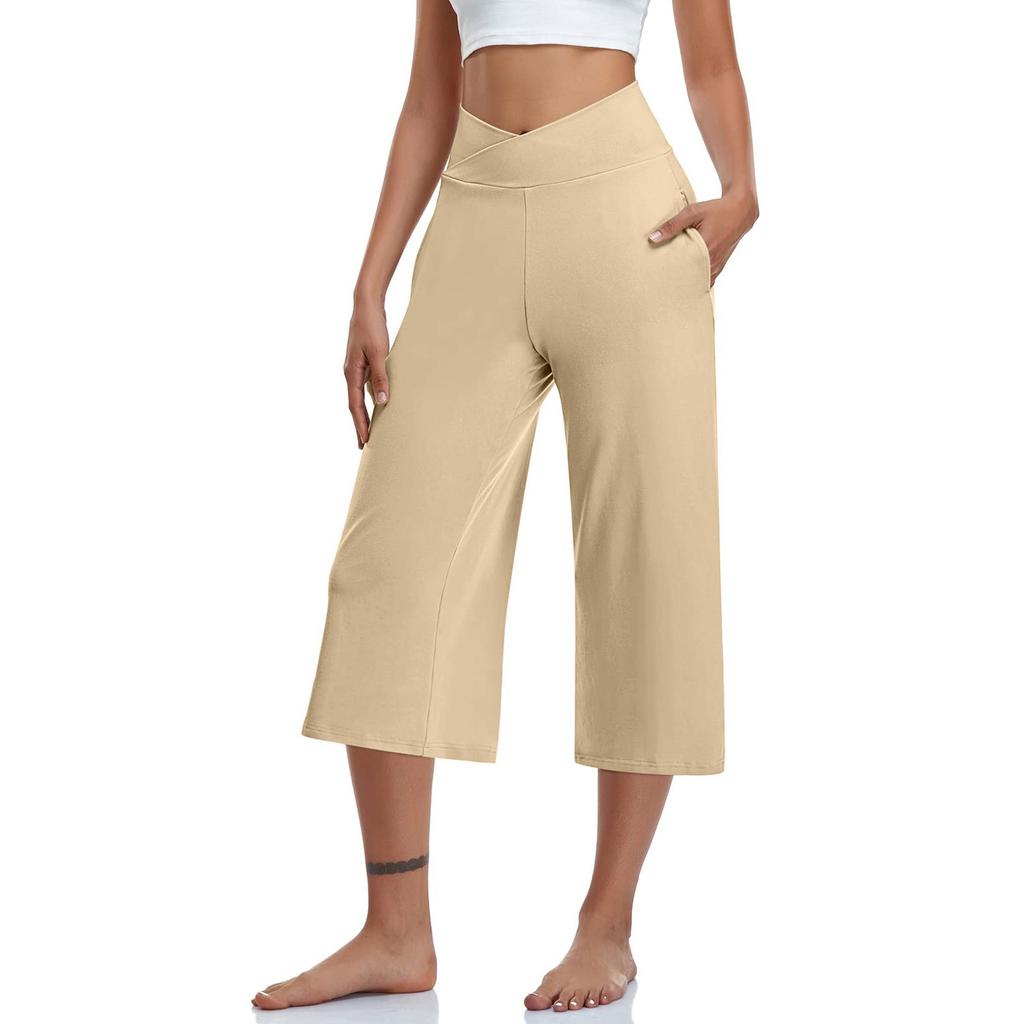 Women  Elastic High Waist 3/4 Pant Casual Active  Fit Wide Capris Leg Pants Trousers With Pockets