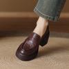 Women's Pumps Cowhide Retro Thick Heeled Woman Shoes British Style Slip On Spring Autumn Round Toe Dress Work Loafers Footwear