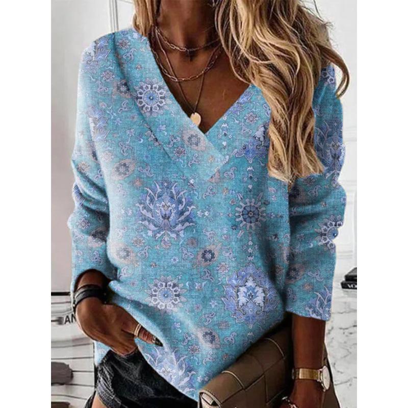 2023 Autumn/Winter Plus Size V-Neck Loose Fit Printed Sweatshirt for Women