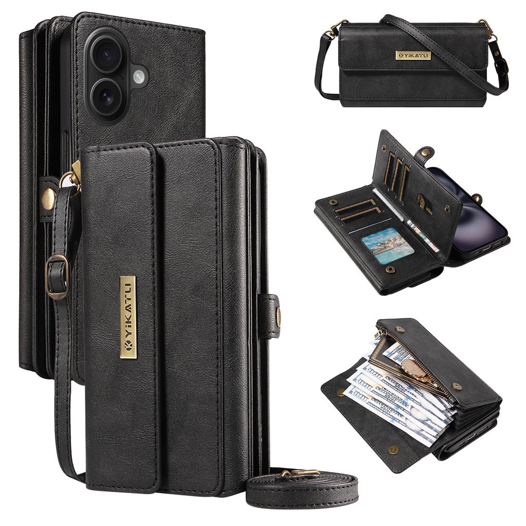 For iPhone 16 Plus Case YIKATU YK-008 Zipper Wallet Leather Phone Cover with Shoulder Strap