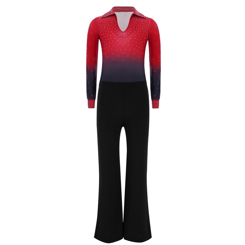 Boys Shiny Rhinestone Turn Down Collar Long Sleeve Dance Leotard Elastic Waistband Pants Set