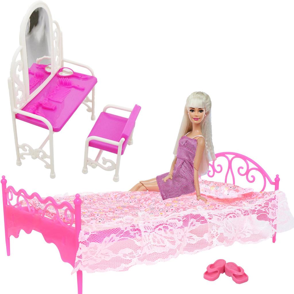 30cm Dolls Dollhouse Furniture Dresser + Bed+ Pajamas + Slippers Princess Bedroom Accessories for 30cm Doll Kid Girl Toy Playset(NO DOLLS)