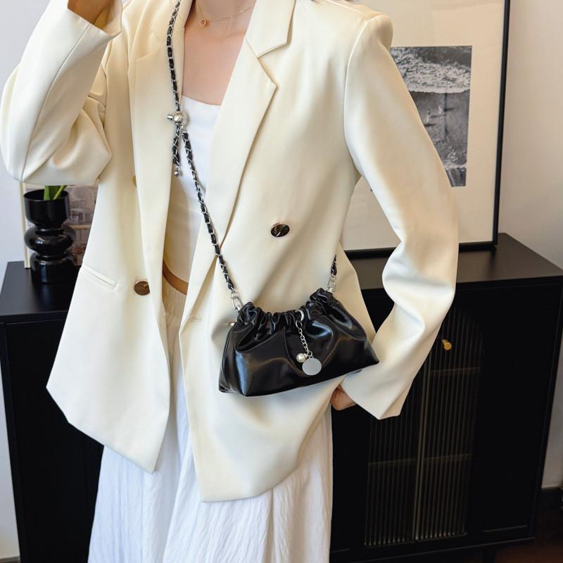 Fashionable Black And Silver Pu Bucket Bag For Ladies With Chic Ruffled Design