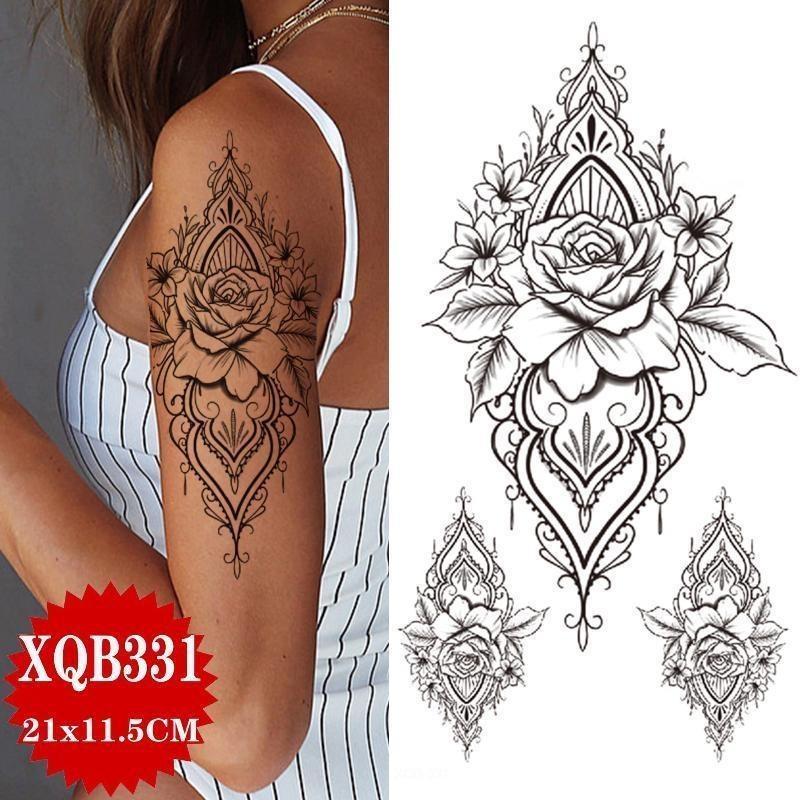NEW 1PCS Tattoo Temporary Black Sunflower Peony Flower Tattoo Sticker Female Temporary Tattoo Water Transfer Print Waterproof Fake Tattoo Woman