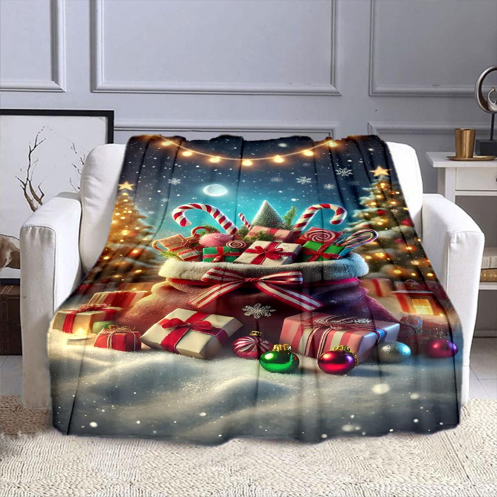 Christmas Gifts and Candy Cane Sack Patterned flannel blanket perfect for the bedroom living room, sofa, or a little nap