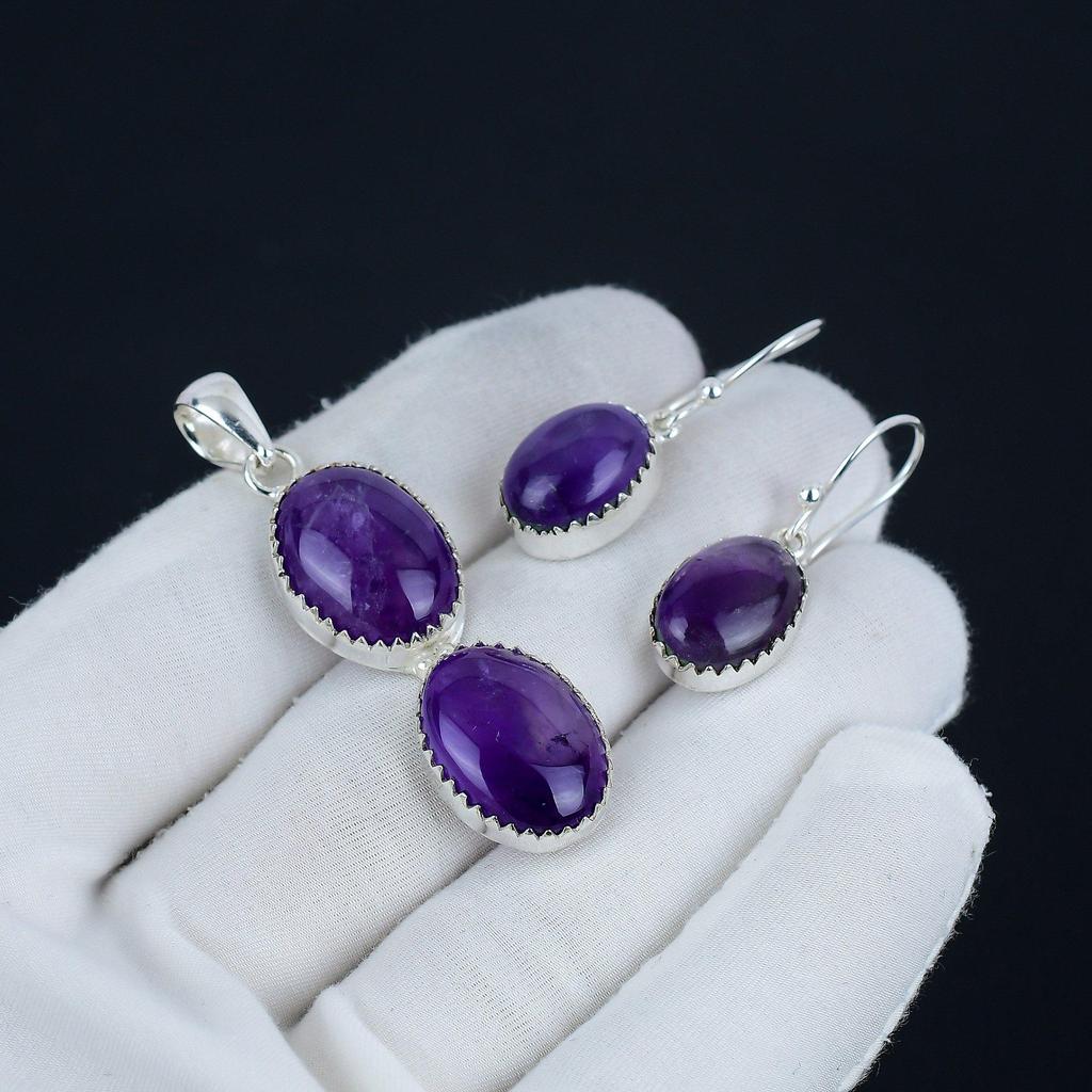 Комплект подвесок из натурального аметиста, аметистовый драгоценный камень, ручная работа, серьги, подвеска из стерлингового серебра 925 пробы, комплект для женщин, подвеска, праздничный наряд, подарок для любимого человека