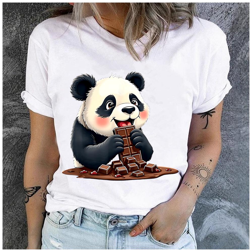 Unisex 100% Polyester Summer Top Happily holding the chocolate panda Print Loose round Neck Short Sleeve Fashion for Lovers