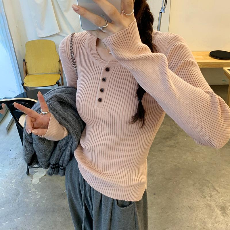 Корейский серый высококачественный свитер с длинными рукавами в полоску для женщин на начало осени, облегающий короткий шикарный топ с полуоткрытым воротником