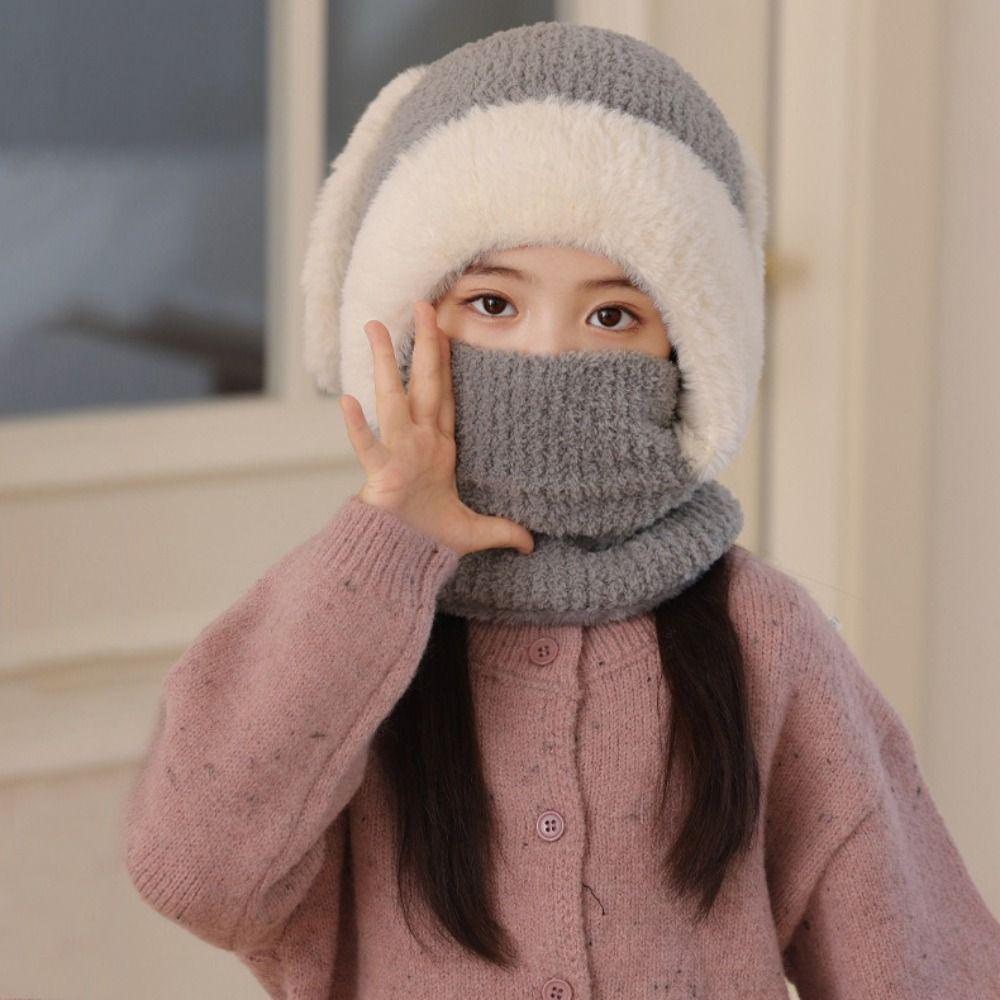 Knitted Beanie Rabbit Ear Winter Hat Plush Face Guard Neck Warmer Plush Scarf Hat Kids Winter Wear