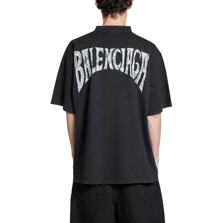 Balenciaga Футболка с ручной росписью, средняя посадка, выцветшая черная футболка, обычная посадка, унисекс, черная 764235TPVU41569