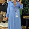 Fall Spring Lady Dress Single-breasted Lapel Loose Long Sleeves Chest Pocket Split Hem Plus Size Dress Solid Color Buttons A-line Daily Wear Maxi