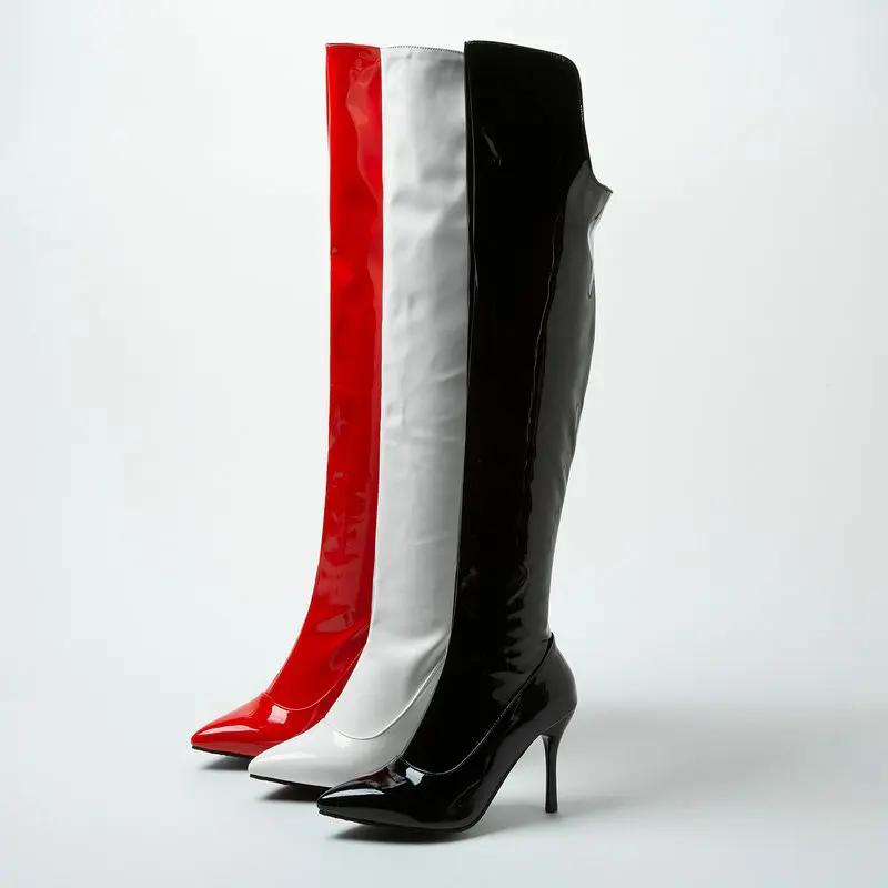 Модные женские ботфорты на высоком каблуке из лакированной кожи, женские ботинки на очень высоком каблуке на молнии, женская обувь больших размеров