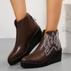 New European and American Fashion Wedge Heel High Heel Pointy Embroidery Pattern Women's Leather Boots