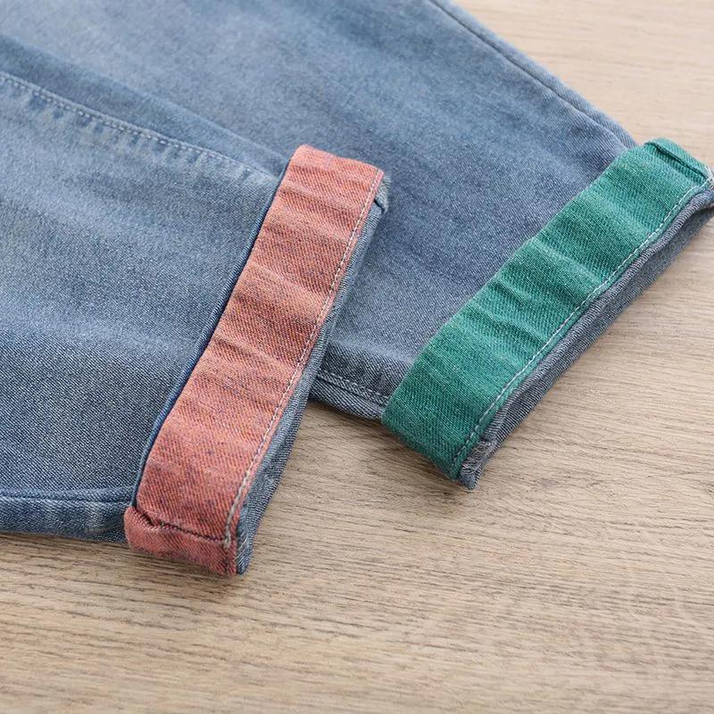 Джинсы женские весна и осень корейская версия большого размера с вышитыми нашивками в виде мяса и мультфильмов в стиле вестерн шаровары с девятью точками