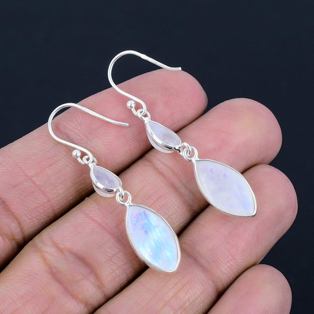 Серьги из натурального радужного лунного камня, серебро 925 пробы, серьги в форме маркизы, висячие серьги ручной работы, ювелирные изделия на День святого Валентина
