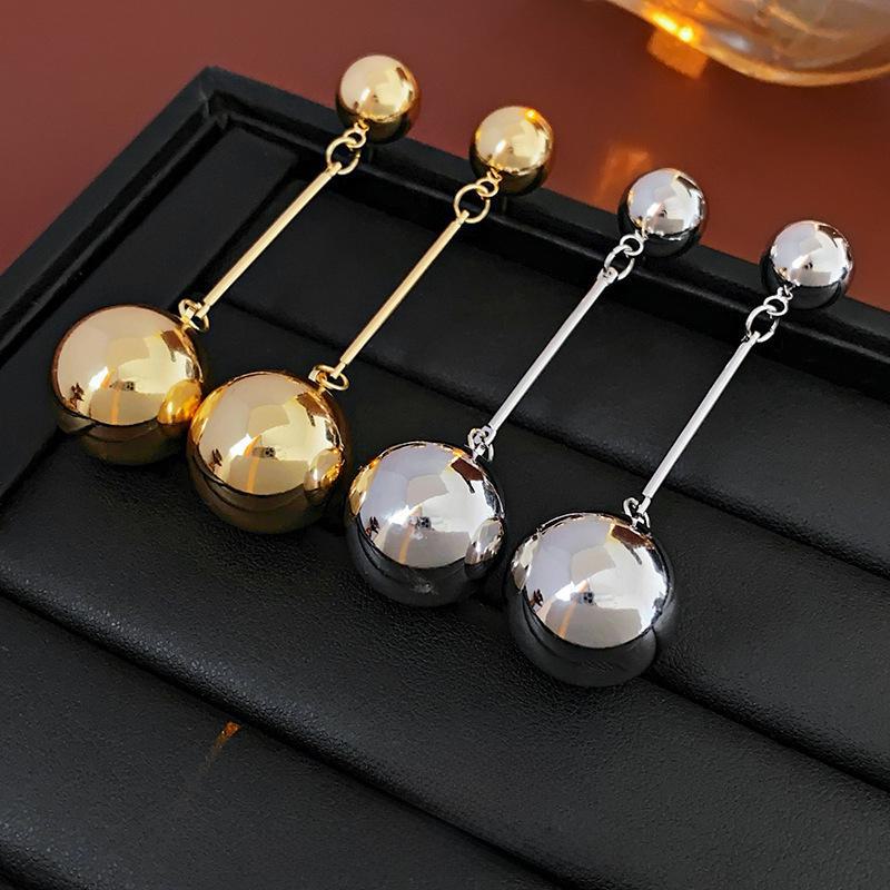 Silver Needle Tassel Earrings with Metal Ball - European & American Style Fashion Niche