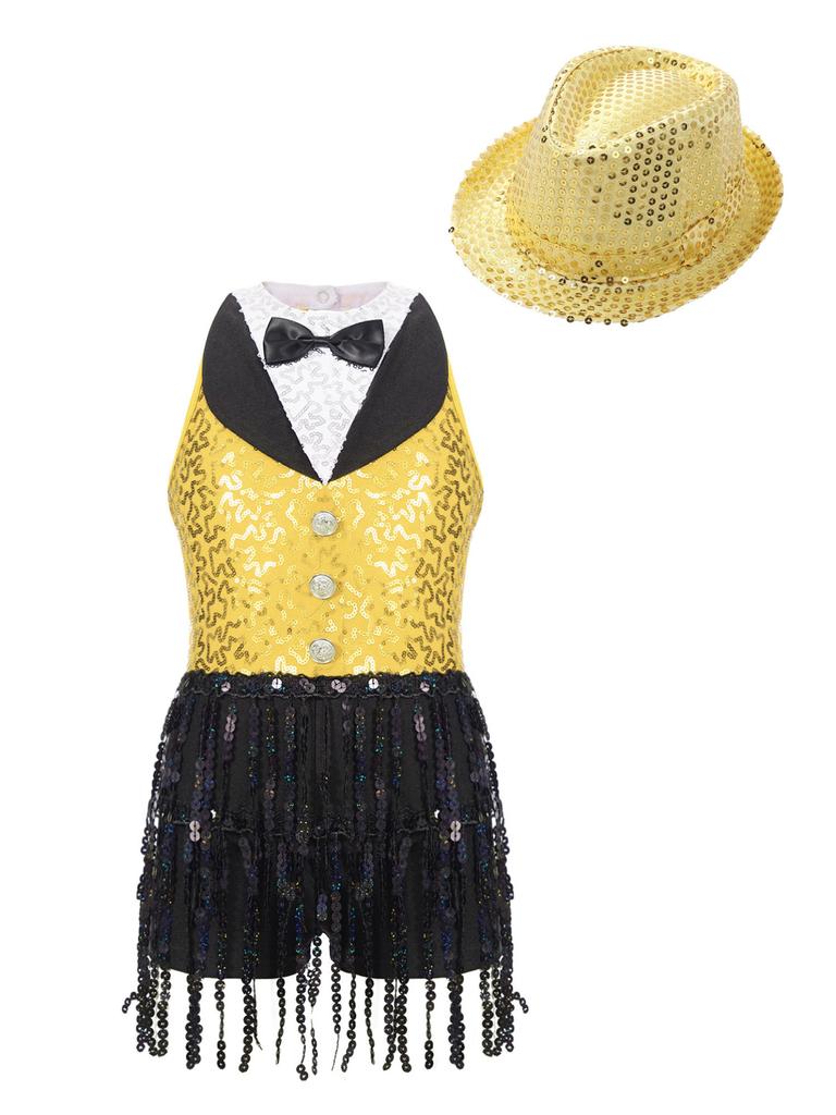 Детский танцевальный костюм для латинского танго, джаза, румбы, костюм из двух предметов для уличных танцев, черлидинга, комбинезон с блестками и шляпой, детский танцевальный конкурс