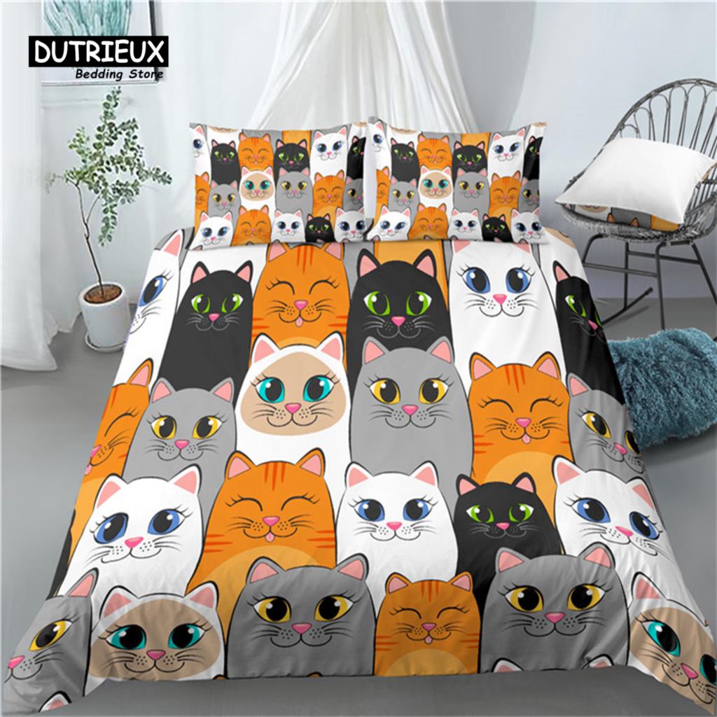 3D Cartoon Cat Print Home Living Luxury 2/3Pcs Comfortable Duvet Cover PillowCase Bedding Sets Queen and King EU/US/AU Size
