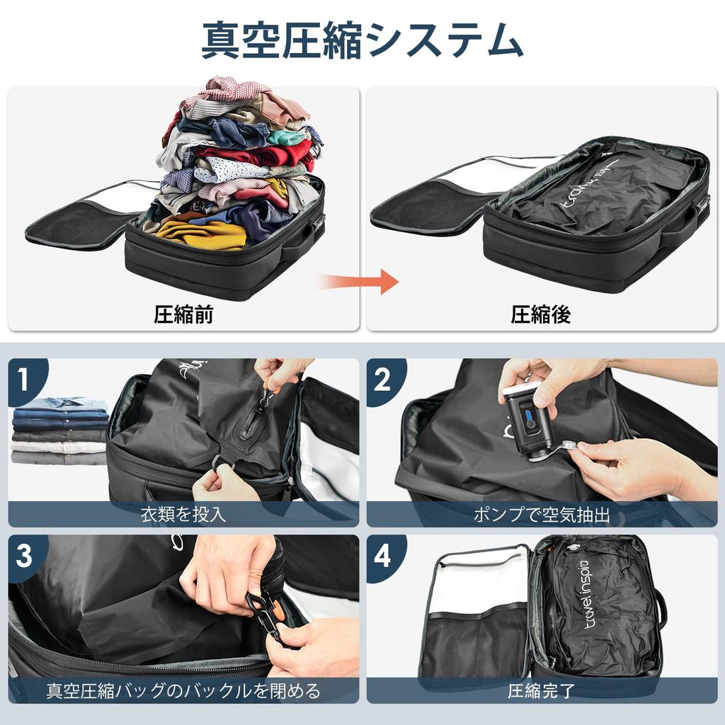 [travel inspira] Вакуумный компрессионный рюкзак, 65 л расширяемый, совместимый с ручной кладью, революционизирующий хранение, с кодовым замком TSA и свистком для спасения,