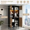 Modern Tall Cabinet with 10 Storage Compartments and Glass Doors, LED Lighting - 80*35*180cm (W/H/D), Natural Wood Color + Black, Display Cabinet