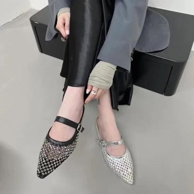 2025 Новые сетчатые женские тапочки с закрытым носком, хрустальный острый носок, дышащие сандалии на низком каблуке, летние повседневные тапочки для платья