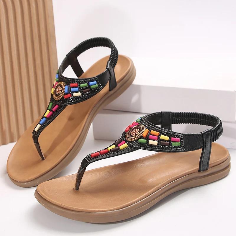 Fashion Fashion Mix Color Bohemian Sandals for Women 2025 New Clip-Toe Flat Heels Gladiator Shoes Woman Pu Leather Non-Slip Sandals
