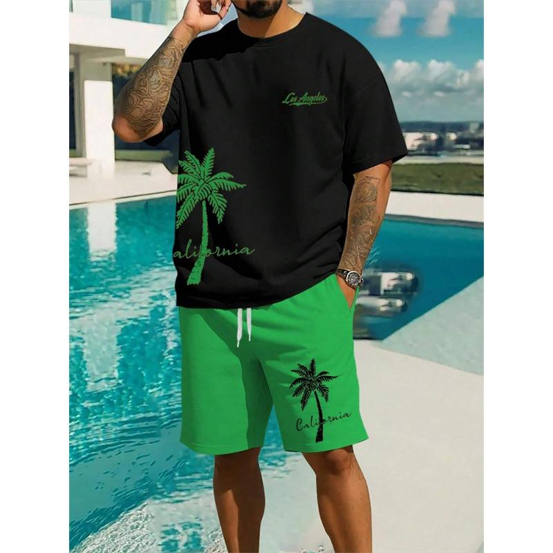 Мужской комплект из шорт с коротким рукавом, стильная футболка в пляжном курортном стиле и шорты на шнурке, комплект из 2 предметов для повседневной носки в гавайском стиле для мужчин
