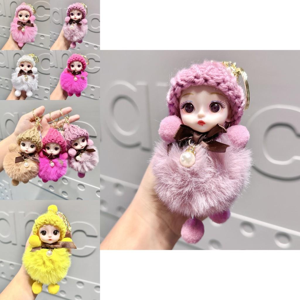 Cute Plush Big-eyed Doll Keychain With Colorful Bow For Stylish Bag Charm Collection