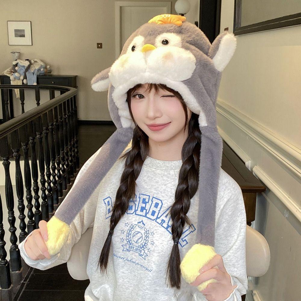 Kawaii Fluffy Pullover Hat Windproof Warm Lei Feng Cap Sweet Penguin Ear Moving Hat Girls