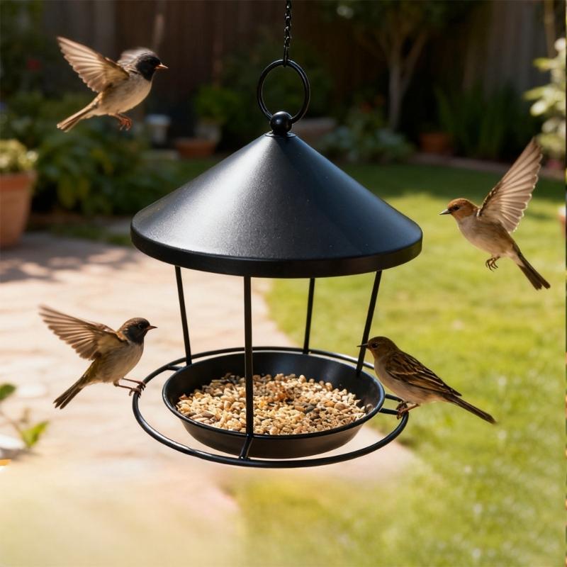Easy Installation Hanging Iron Bird Feeder With Decorative Rings Design For Garden Decoration Outdoor Accessory