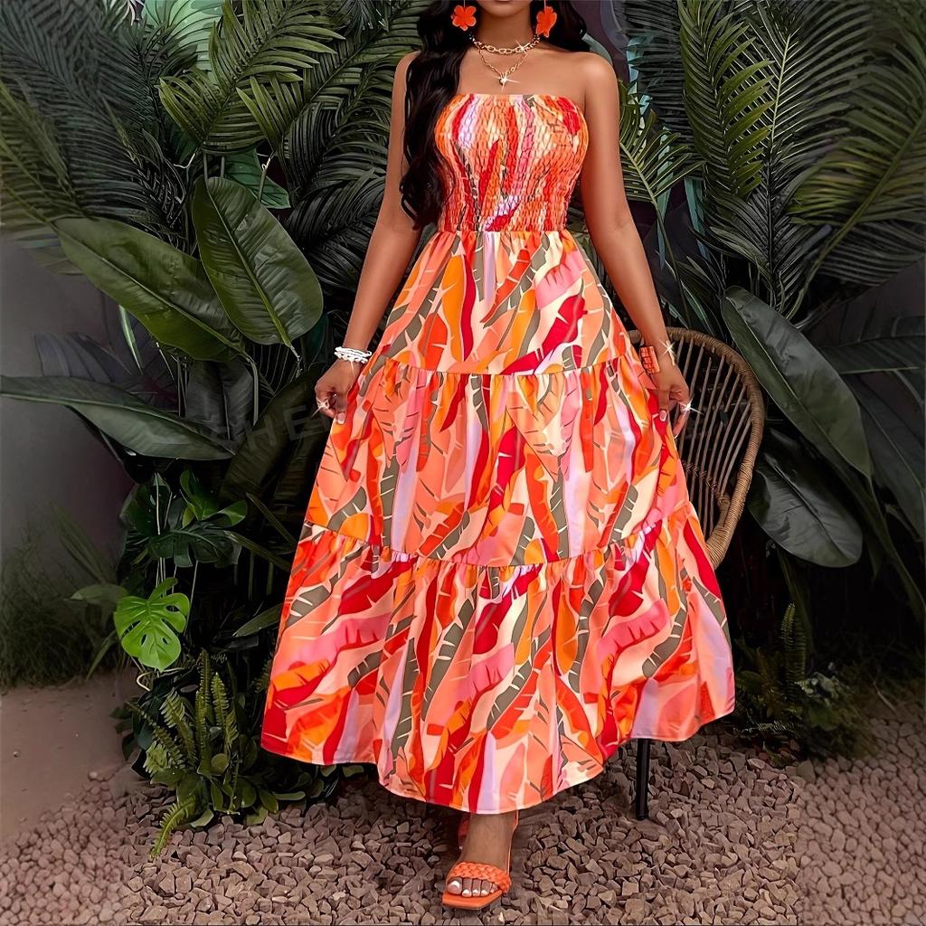 Женское сексуальное платье без бретелек с эластичной талией и принтом, длинное платье