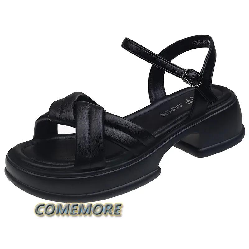 Fashion Summer 2024 New Women's Fashion Platform Cross-toe Sandals Comfortable Casual Shoes Luxury Sandals Heels Woman Round Head Beach