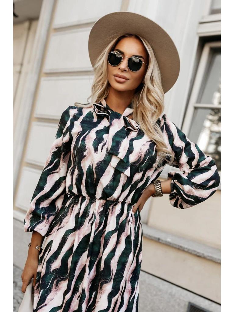 European and American Fashion Zebra Print Long Sleeve Dress with Bow Waist