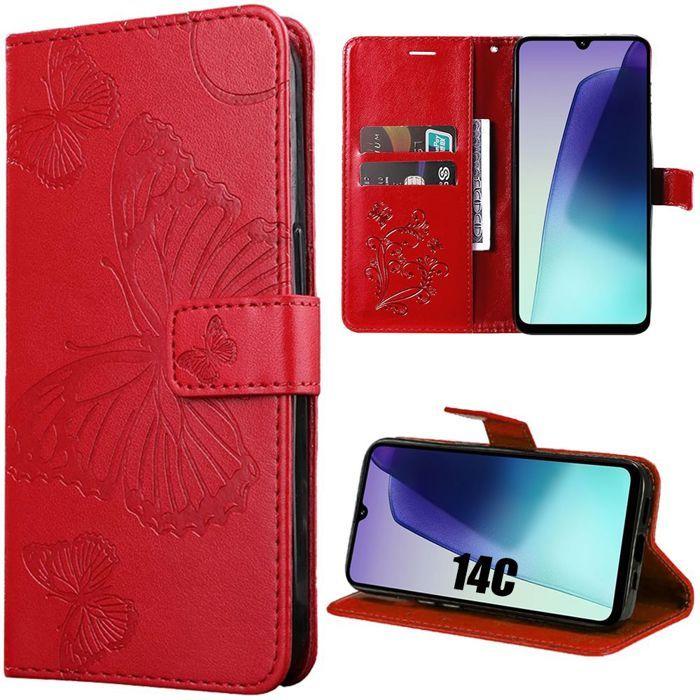 Coque Silicone - E.F.CONNECTION - Pour Xiaomi Redmi 14C - Cuir Synthétique Rouge - Motif Papillon - Élégante