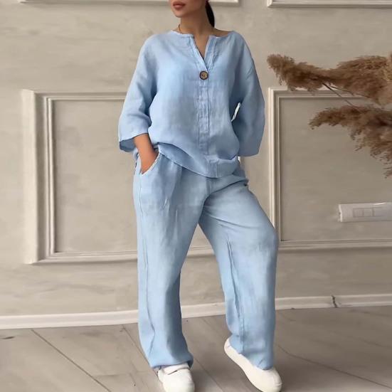 2 Pcs/Set Blouse Pants Set V Neck Long Sleeves Button Decor Top Wide Leg Loose Drawstring Elastic Waist Trousers OL Commute Casual Homewear Outfit