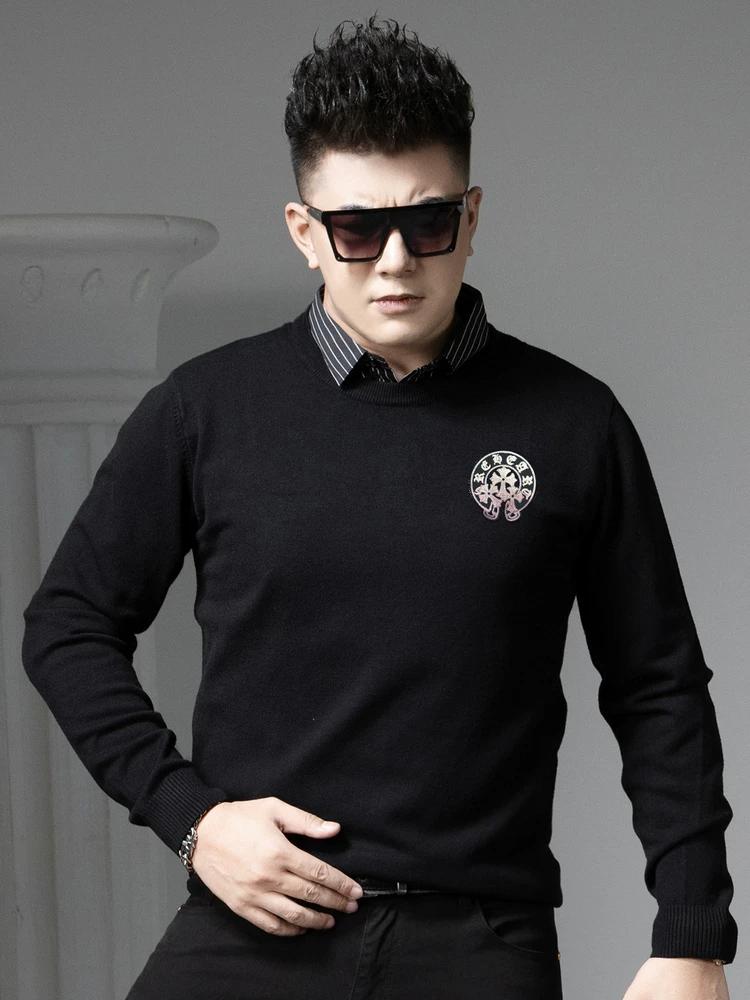 European-Style Round-Neck Sweater for Men, Faux Two-Piece, 2025 New Autumn and Winter Trendy Brand, Gold-Stamped, Warm Knit Base Shirt for Men